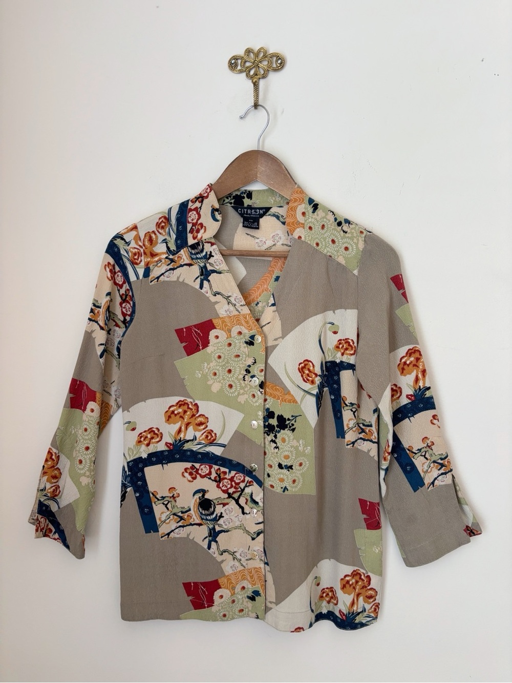 Citron Santa Monica Green Floral Asian Pattern Silk Blouse XS